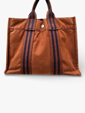 Hermès Fourre-Tout PM Rust Canvas Tote with Navy Stripes